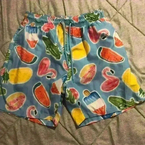 Free Planet Swim Trunk Shorts Mens‎ Medium Pockets Flamingo Print EUC - Picture 1 of 6